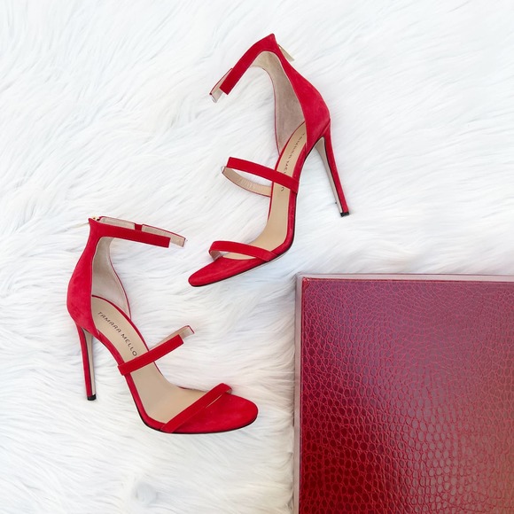Tamara Mellon Reverse Frontline 105 Red Suede Heeled Sandals Women's Size 37.5 - Picture 3 of 11